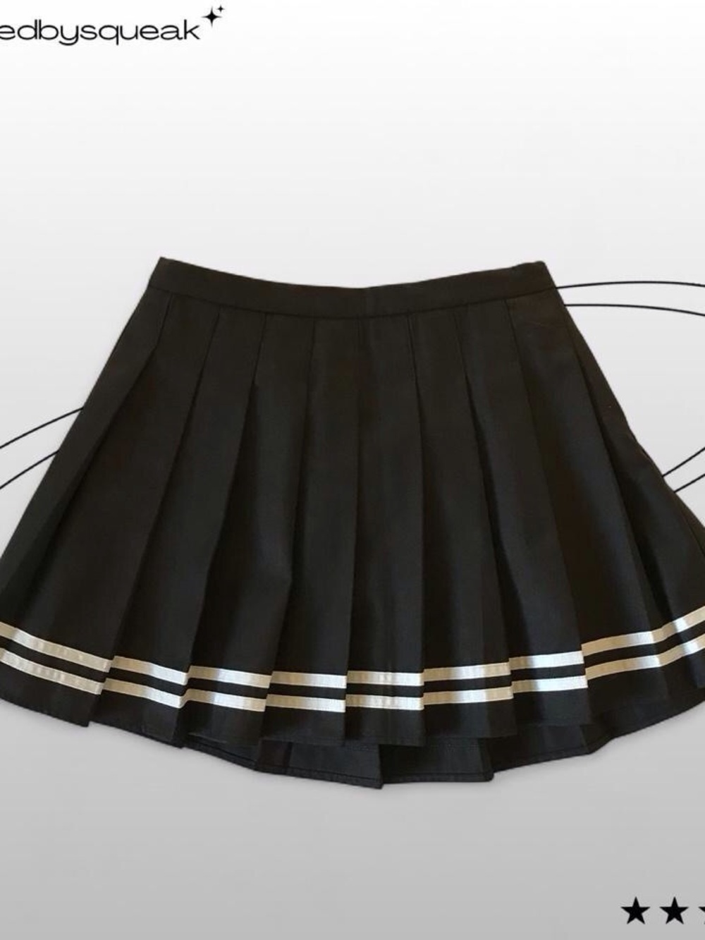 Black High Waisted Pleated Mini Skirt w/ White Ribbon Stripe Hem Small Goth Y2K